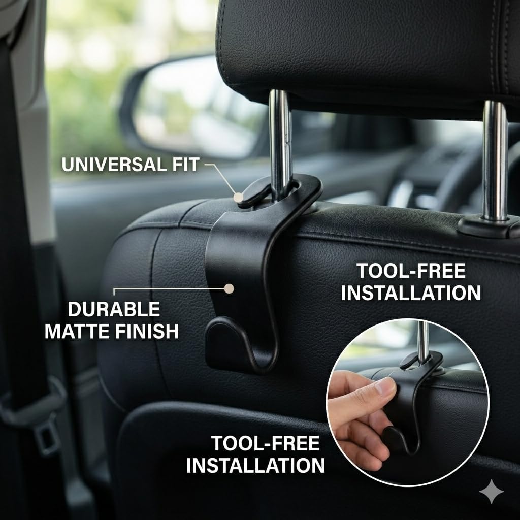 4 Pack Car Seat Headrest Hooks - Universal Back Seat Hanger for Purses, Grocery Bags, and Handbags - Stylish Black Car Organizer Hooks for Interior