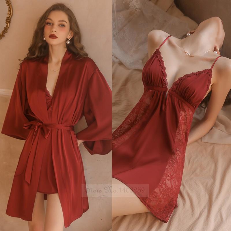 Sexy See-through Lace Nightgown Suspender Nightgown Two-piece Set Women's Thin Satin Bathrobe Pajamas Summer Home Wear