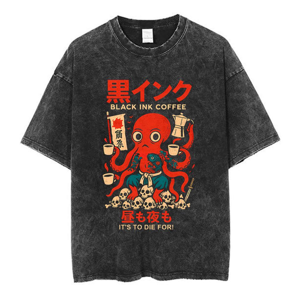 Japanese Octo Beats Osaka Dotonbori Drunken Octopus Funny T Shirts Men Women Vintage Washed Oversized Cotton TShirts Streetwear