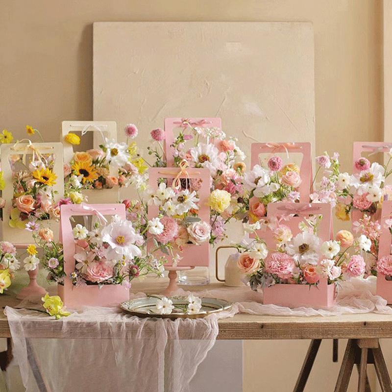 Двусторонняя водонепроницаемая крафт-бумага Портативная цветочная корзина с ручкой для букета в подарок