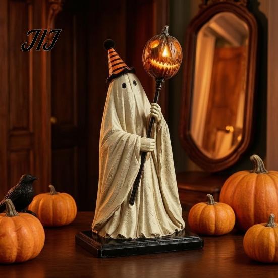 Remote Control Lighted Ornament Ghost Figurine with Control, Vintage Resin Statue Luminous Pumpkin Indoor Festive Display Scepter, Cute Spooky