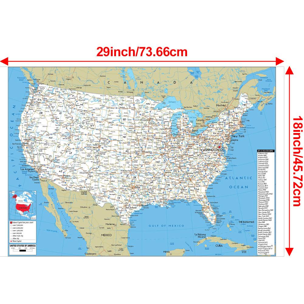 English Map USA Map Road Map,for Classroom,Student Room&Home Decor,Wall Decor,Travel Supplies