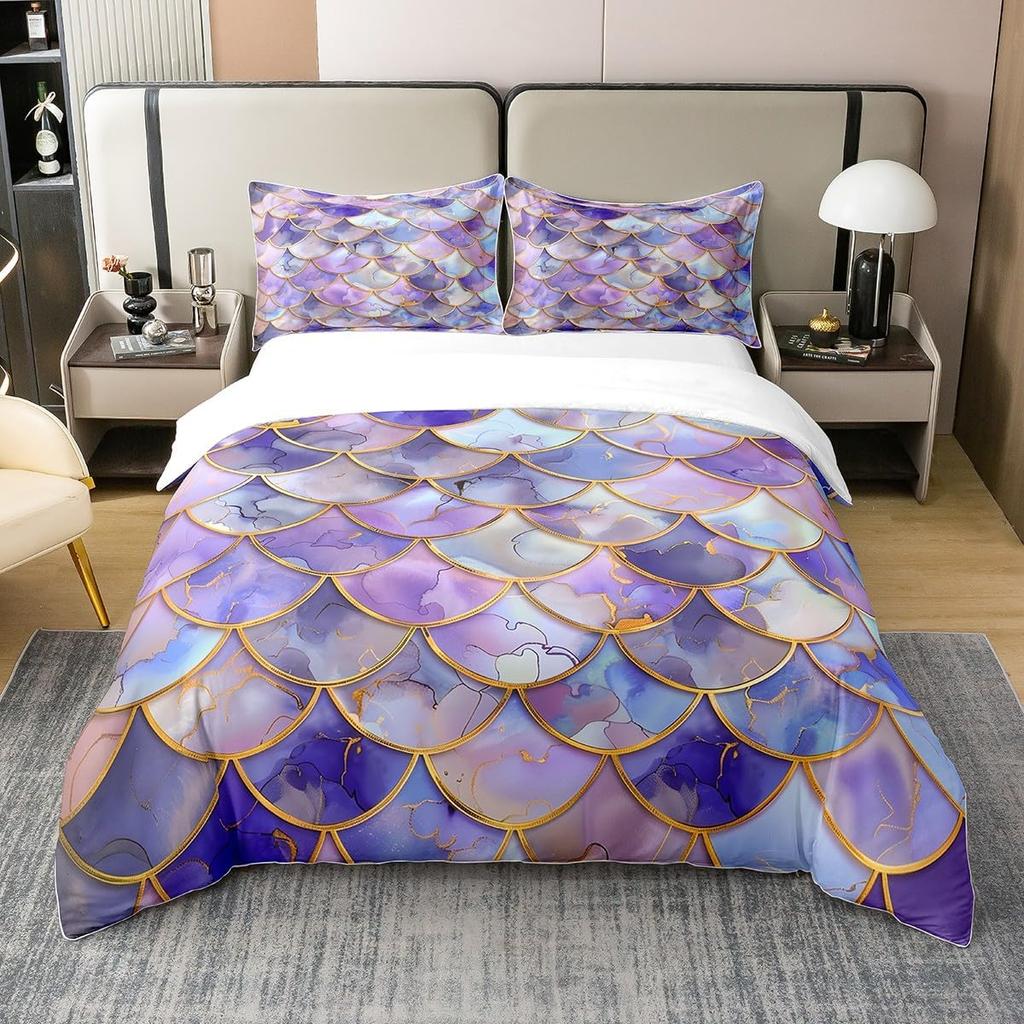 Cute Mermaid Tail Duvet Cover Set Queen King Size Fairy Tale Themed Princess Bedding 3 Pcs For Girls Bedroom Decor Super Soft