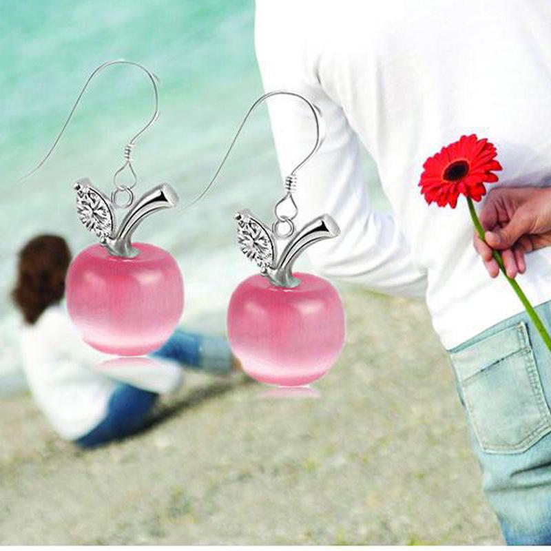 Корейские серьги-яблоки из камня «кошачий глаз» на Рождество: Женские висячие серьги-пусеты с покрытием из белого золота