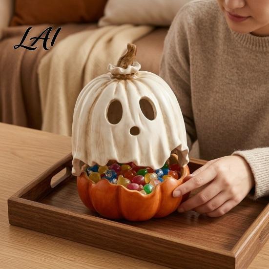 Indoor Fall Decorations Halloween Light Up Ghost Pumpkin Decoration Vintage Detachable Lamp with Resin Ornament LED Candle for Kitchen Tabletop