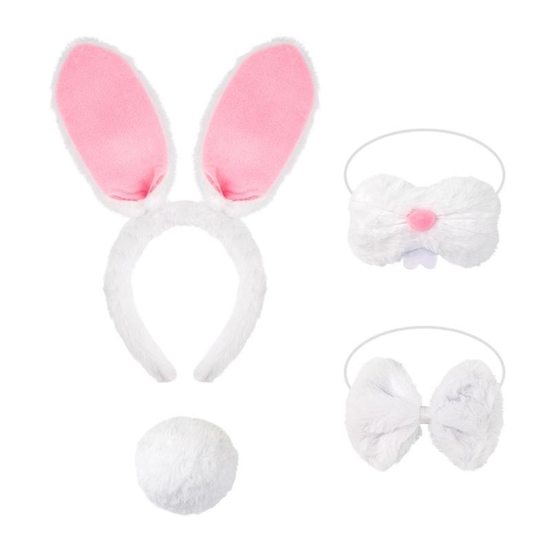 Ободок с кроличьими ушками, бабочка, нос, кроличий хвостик для Хэллоуина, косплей-вечеринки, 4 шт., костюм пасхального кролика для детей и взрослых