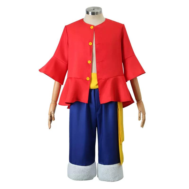 One Piece Monkey D Luffy Cosplay Costume, Red Jacket Blue Pants with Straw Hat, Adult & Kids Anime Role‑Play Halloween Outfit