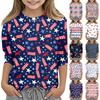 Print Tops For Youth Girls Round Neck 3/4 Sleeves T-Shirts Trendy Tops Outfit Tees Independence Day