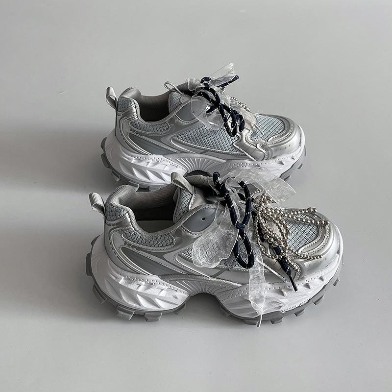Сетчатые кроссовки на шнуровке женские 2025 весна и лето новая ретро спортивная повседневная обувь модные туфли на толстой подошве