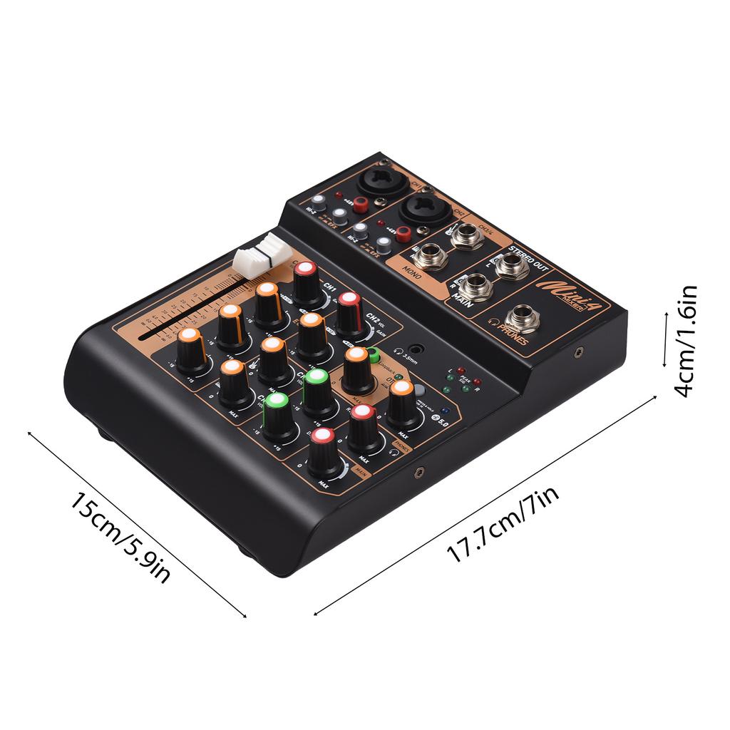 Audio Mixer Portable 4-Channel DJ Mixer Console Mini Sound Mixing Board with USB BT 48V Phantom