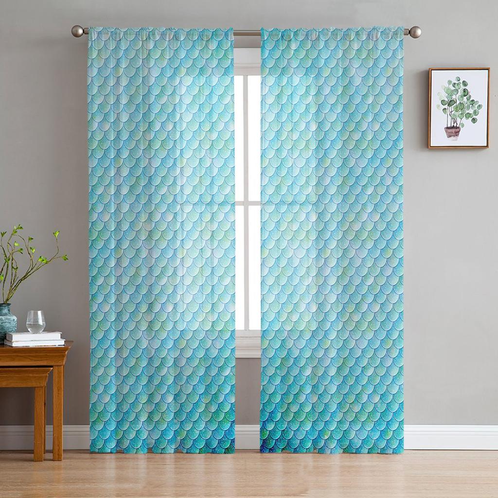 Mermaid Scales Ocean Rainbow Chiffon Sheer Curtains for Living Room Bedroom Home Decoration Window Voiles Tulle Curtain