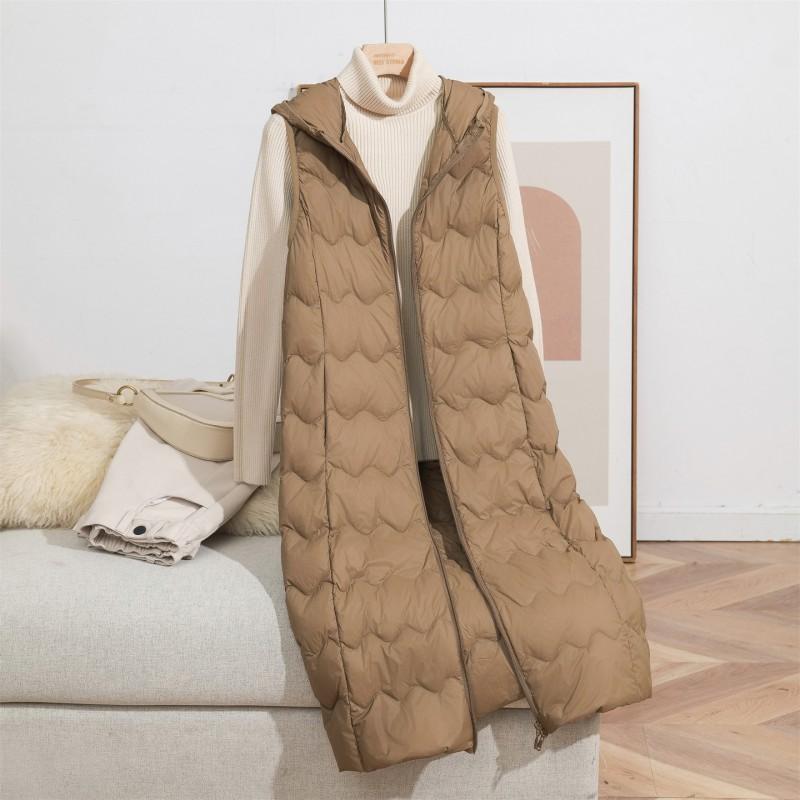 Womens Lightweight Long Hooded Down Vest White Duck Filled Warm Sleeveless Outerwear