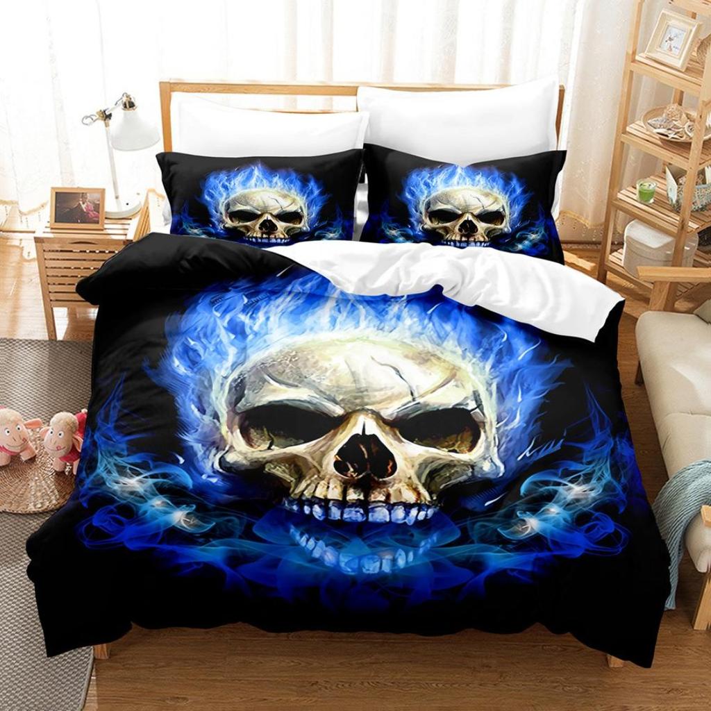 3D Printed Skull Head Bedding Set Halloween Themed Down Duvet Cover Pillowcases, 2/3 Pieces, Boys Room Horror Pattern Quilt Cover