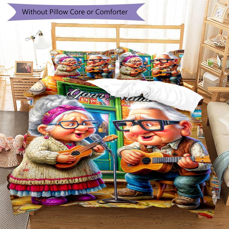 3PC Custom Name Elderly Musicians Together Bedding Set Printed Bedding Set Duvet Cover Closure Includes 1 Duvet Cover & 2 Pillowcases for All Seasons