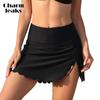 Womens High Waisted Split Swim Skirt Sporty Drawstring Skirted Swim Bottom with Built-in Panty