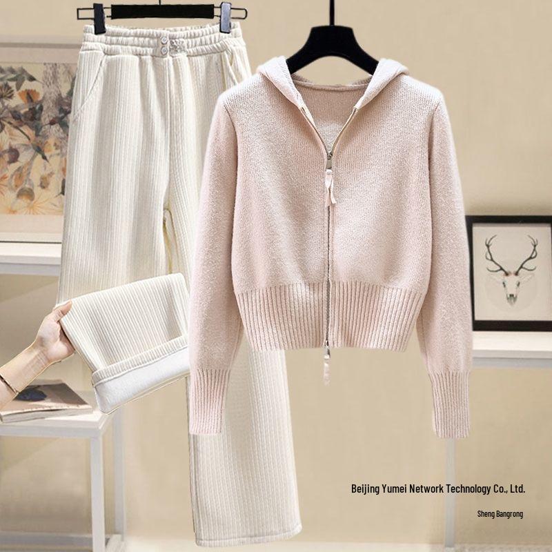 Сладкий осенне-зимний женский вязаный костюм с капюшоном на двойной молнии
