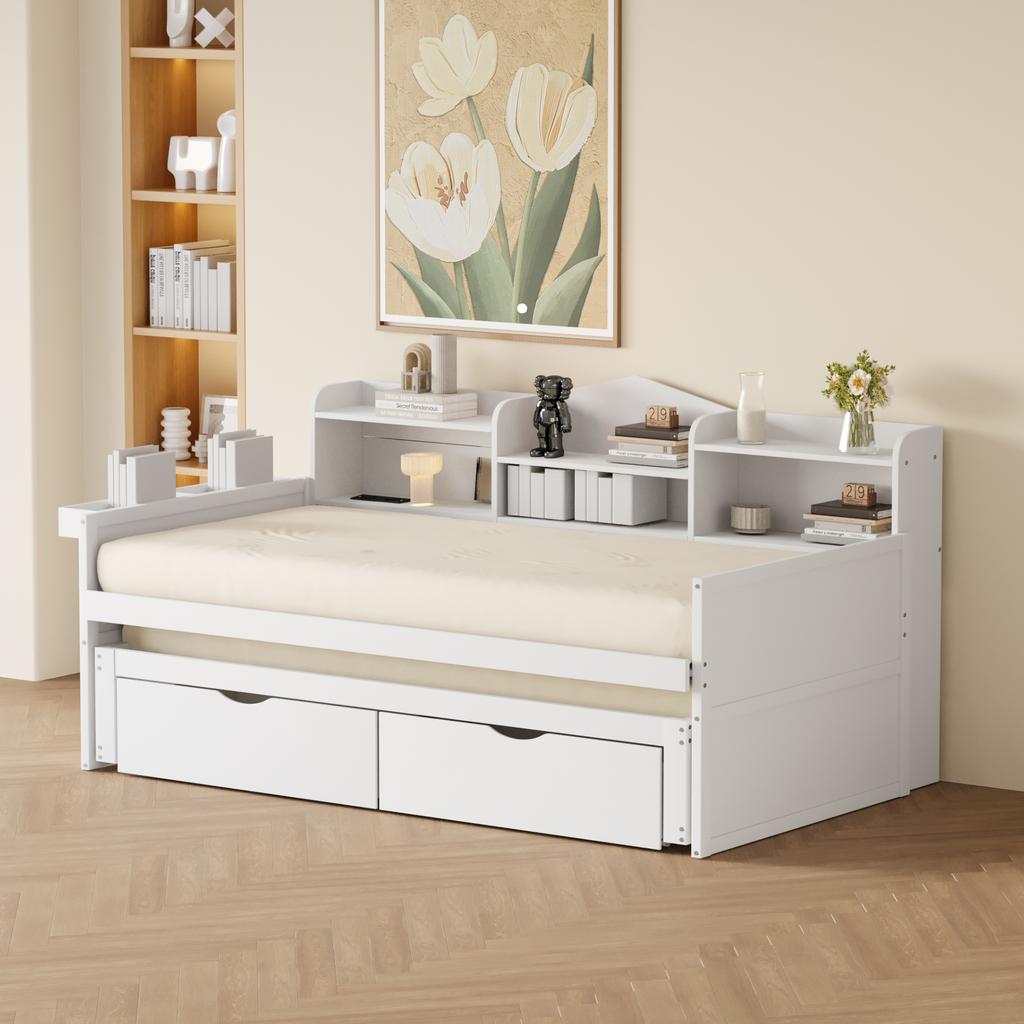 Sofa Bed 90*200, Pull-out Bed 90*190 with Two Drawers, Large Storage Compartment and Storage Basket, USB Socket, Single Wooden Bed, White