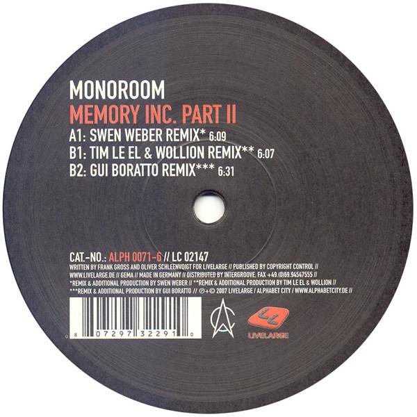 12-дюймовая пластинка MONOROOM - Memory Inc. Часть II ALPH00716 Alphabet City 2007 Германия Танцевальная и электронная музыка Б/у
