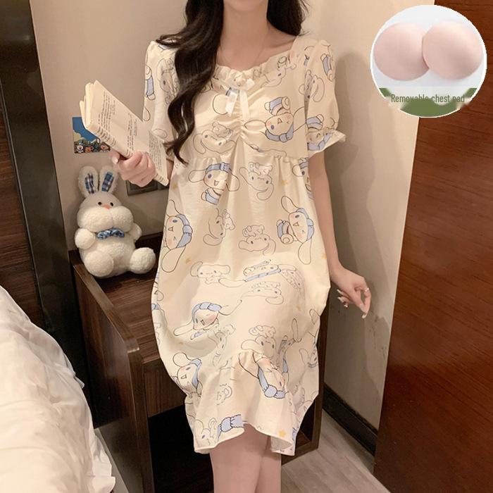 Ночная рубашка с короткими рукавами и нагрудной подкладкой 2024 года – Милый хлопковый облачный стиль в стиле мультяшной принцессы