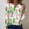 Women's Fashion Casual V-Neck Long Sleeve Decorative Button Christmas Print Top