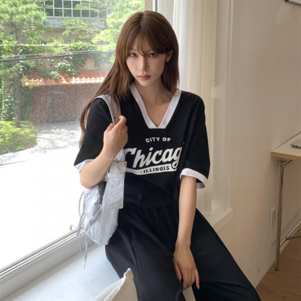 New ArriVals Open Run Women Color Block V Neck LeTTering Crop ShorT sleeVe T Sh