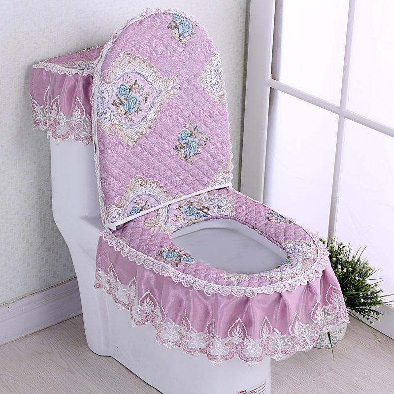 Набор из трех предметов для унитаза из синели, садовая кружевная ткань, подушка на сиденье унитаза на молнии, чехол на сиденье унитаза, кольцо