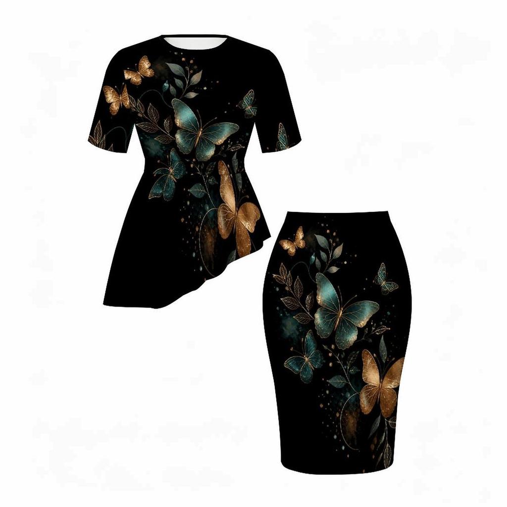 Women Plus Size Purple Pink Butterfly Printed Round Neck Short Sleeve Asymmetric Top Fitted Skirt Two Piece Set