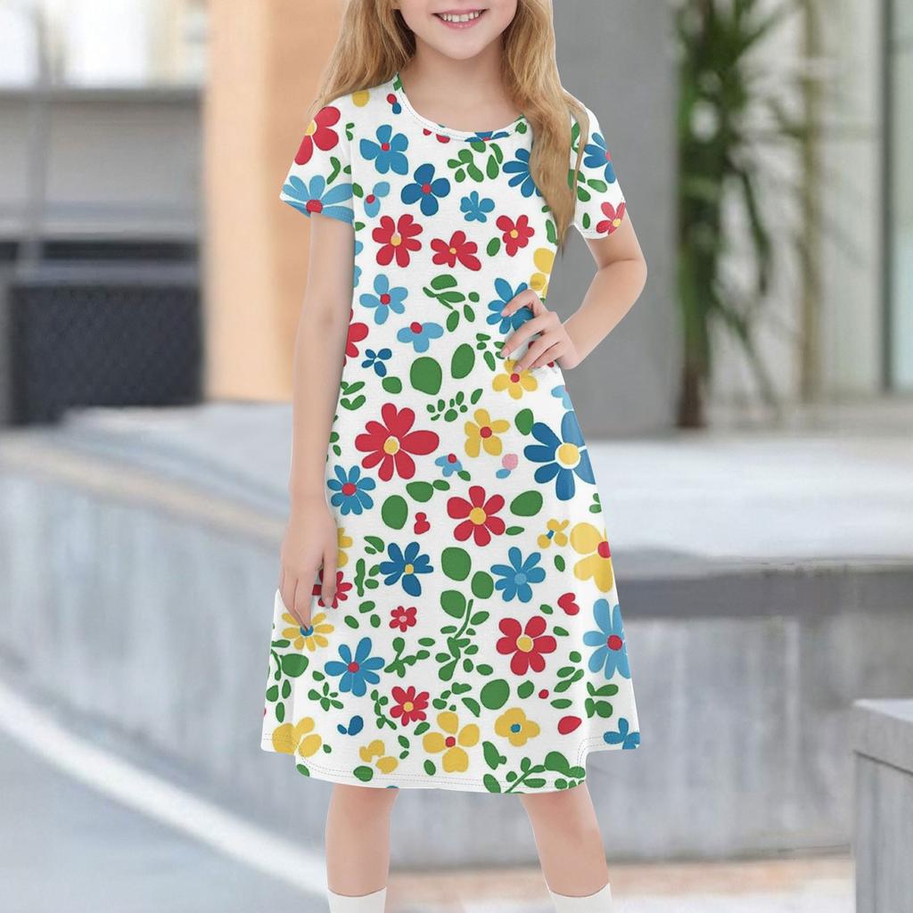 Детское летнее повседневное модное платье с короткими рукавами и круглым вырезом