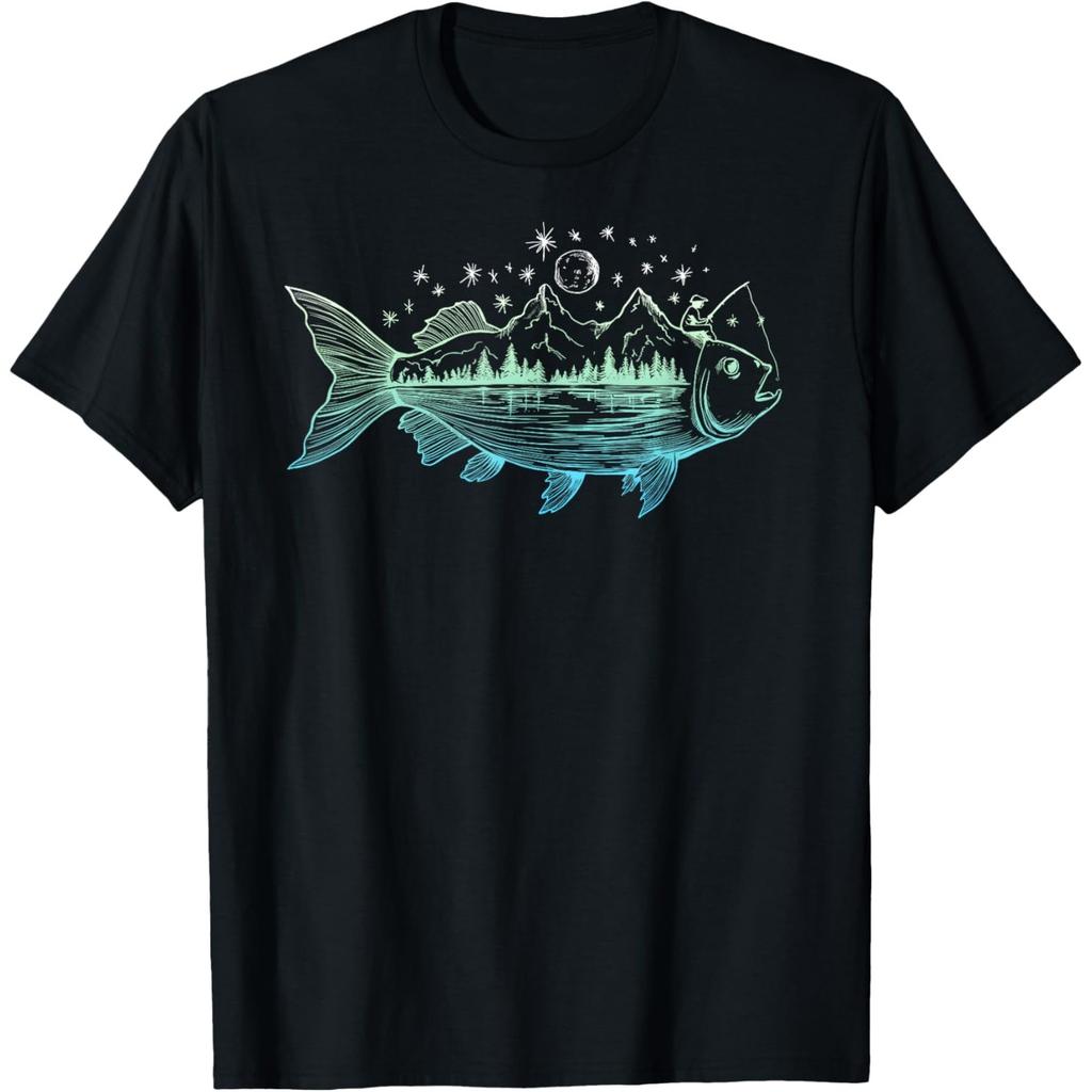Cool Fish Shaped from Mountains Nature Scene Fishing TShirt
