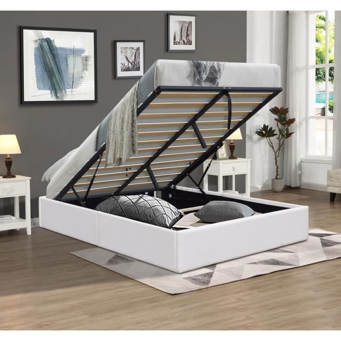 Lit Coffre LORIS 160x200 blanc Sommier inclus 2 x 14 lattes