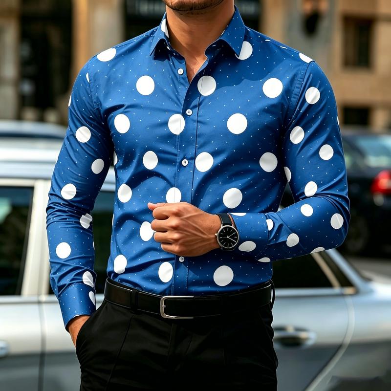 Мужская рубашка в горошек с длинным рукавом, приталенная, для стиля business casual, модный топ для активного отдыха