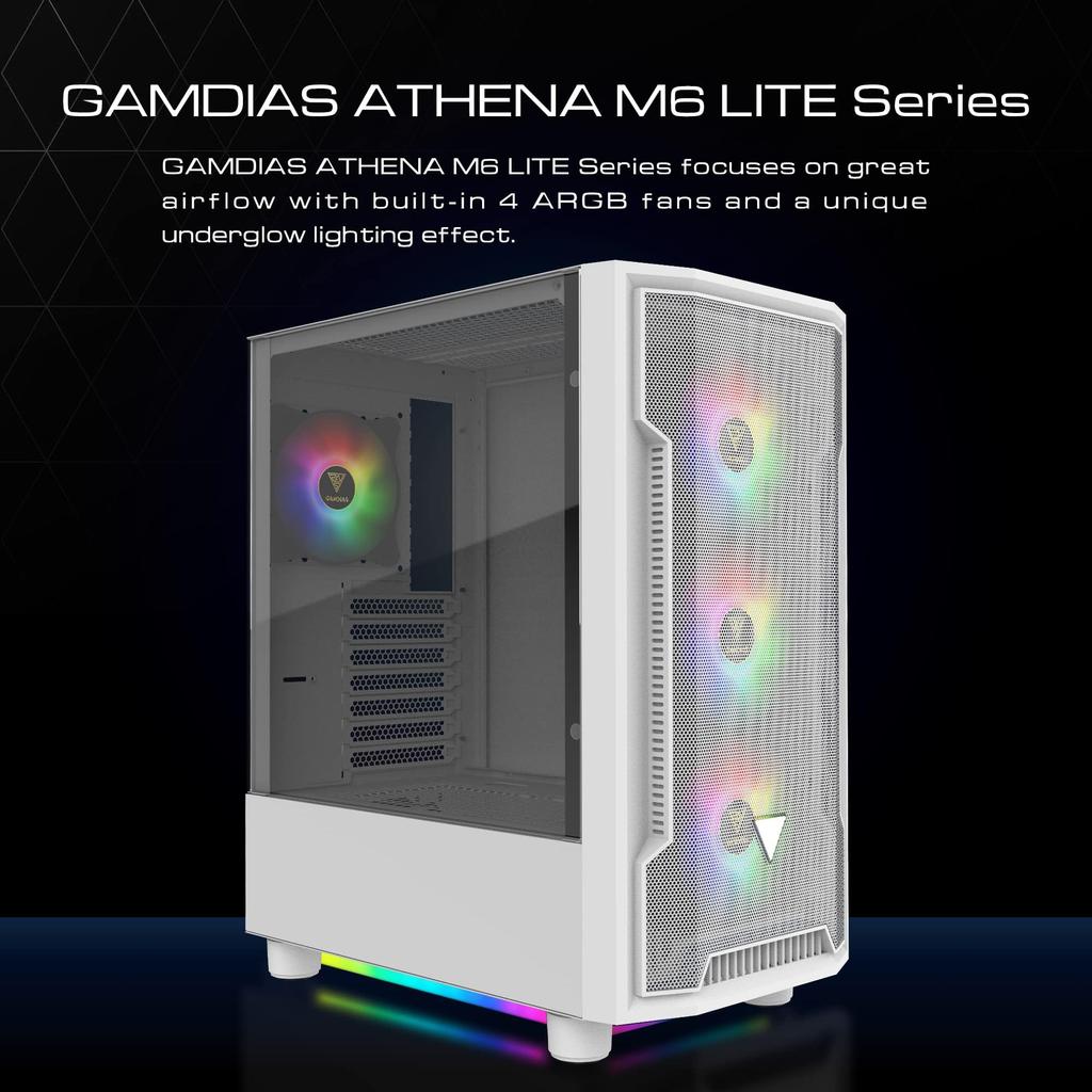Корпус игрового ПК GAMDIAS ATHENA M6 LITE Корпус ATX Бесшовное закаленное стекло Окна 4 120 мм ARGB вентилятор Три стороны Подсвечивающаяся сетчатая передняя панель Перфорированная