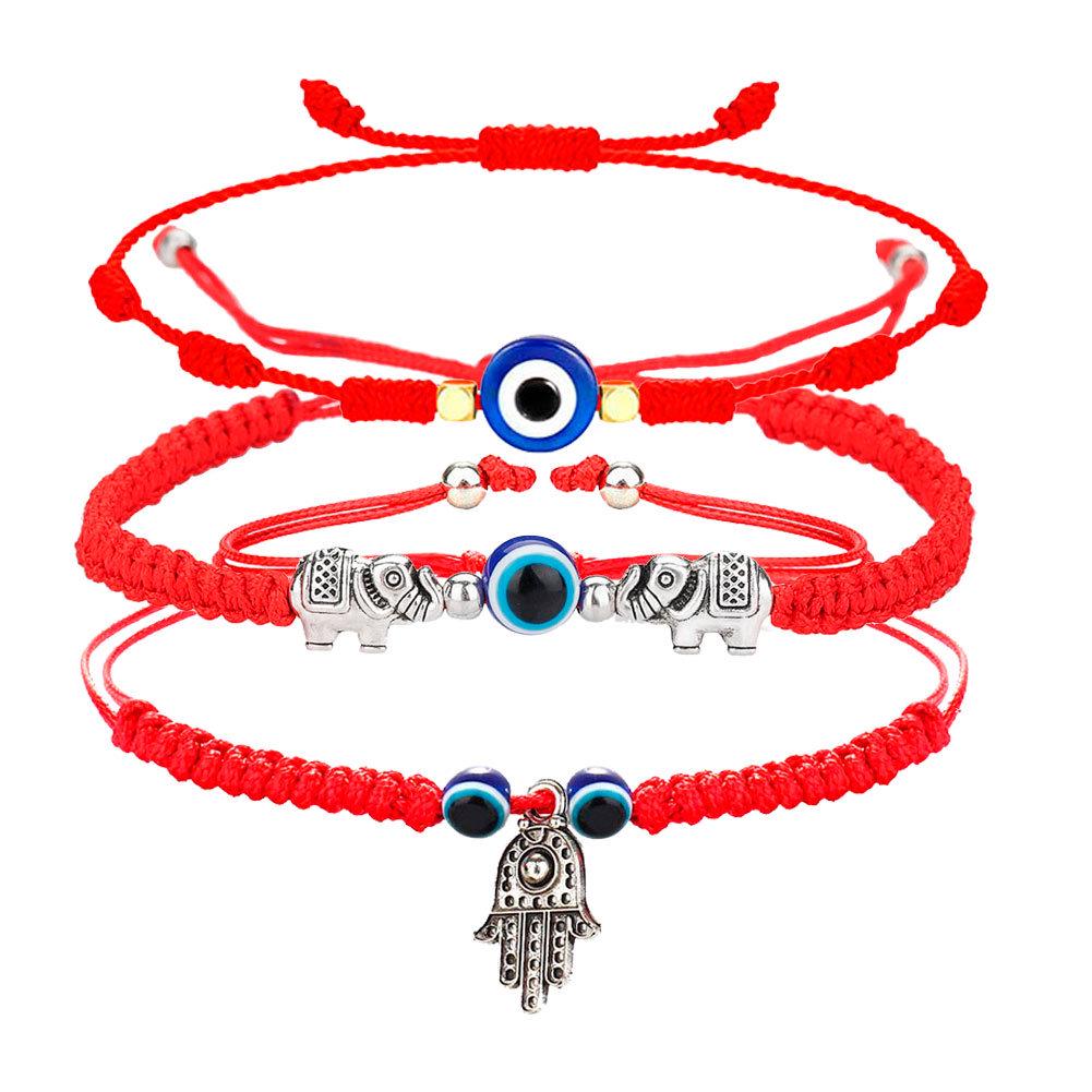 Набор браслетов из красной нити с синим сглазом - Ручная работа, плетеный дизайн