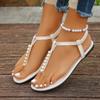 Europe and America 2024 New Bohemian Sandals Women's Large Size Women's Shoes Flat Toe String Pearl Beach Shoes