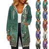 Women's Fashionable Printed Long Sleeved Drawstring Hooded Zipper Pocket Long Casual Sweatshirt Jacket