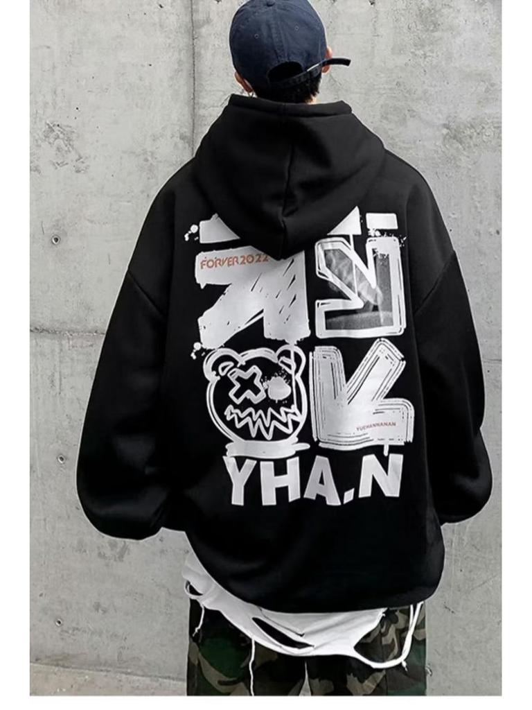 Мужская толстовка с капюшоном на плюшевой подкладке - Большой размер, Осень/Зима, Хип-хоп стиль, Модный свободный крой, Вдохновленная Америкой.