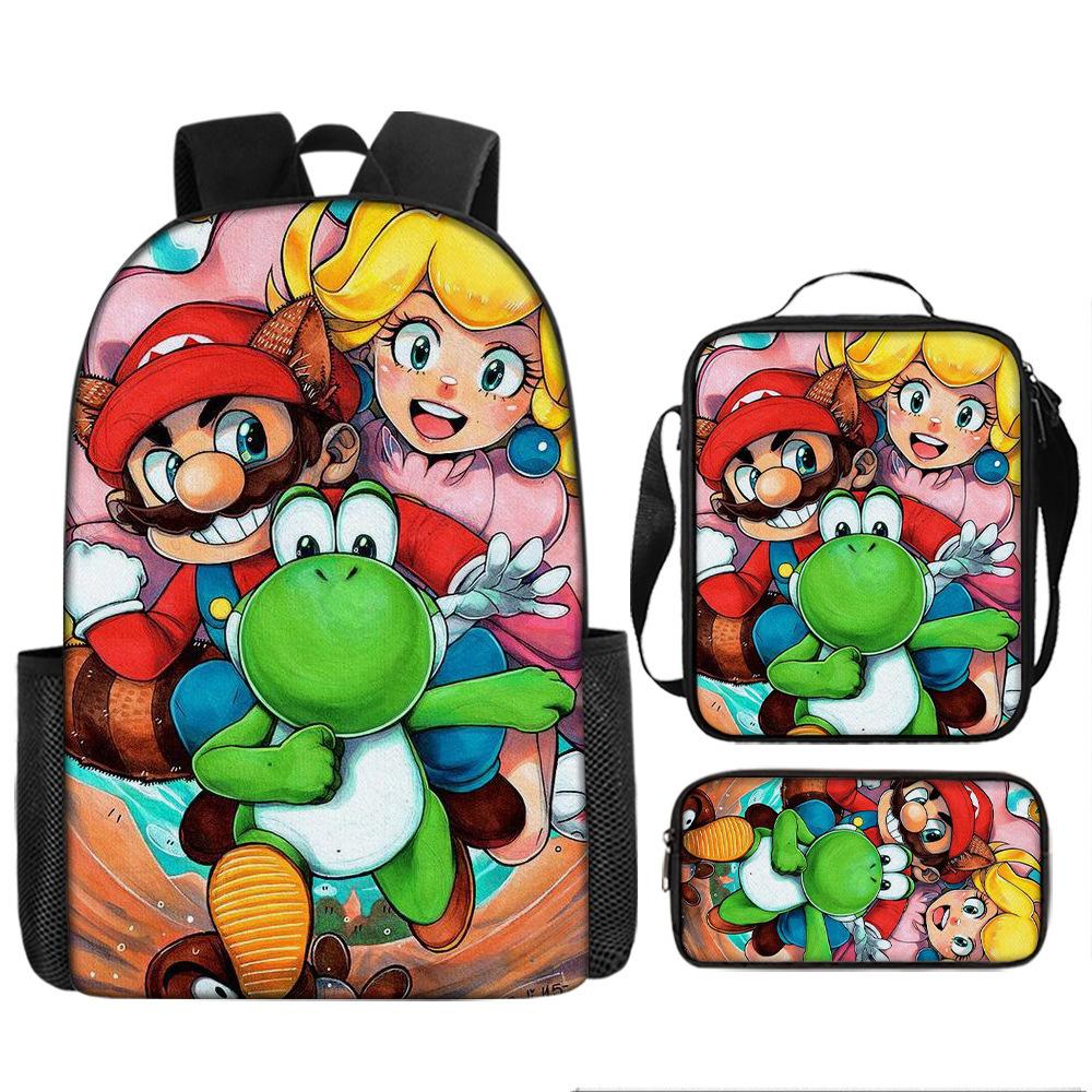Super Mario Cartoon Backpack Set, Princess Peach School Bookbag, Polyester 3-Piece, Gaming Themed Backpack