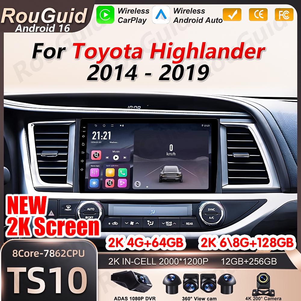 Android 16 Auto Carplay Car Radio For Toyota Highlander Kluger 3 XU50 2014 2015 2016 - 2019 Multimedia Player BT 5G Wifi DSP GPS