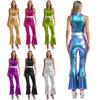 Womens Glittery Metallic 70s Disco Jumpsuit Lapel Collar Sleeveless High Waist Flared Legs for Dance Parties