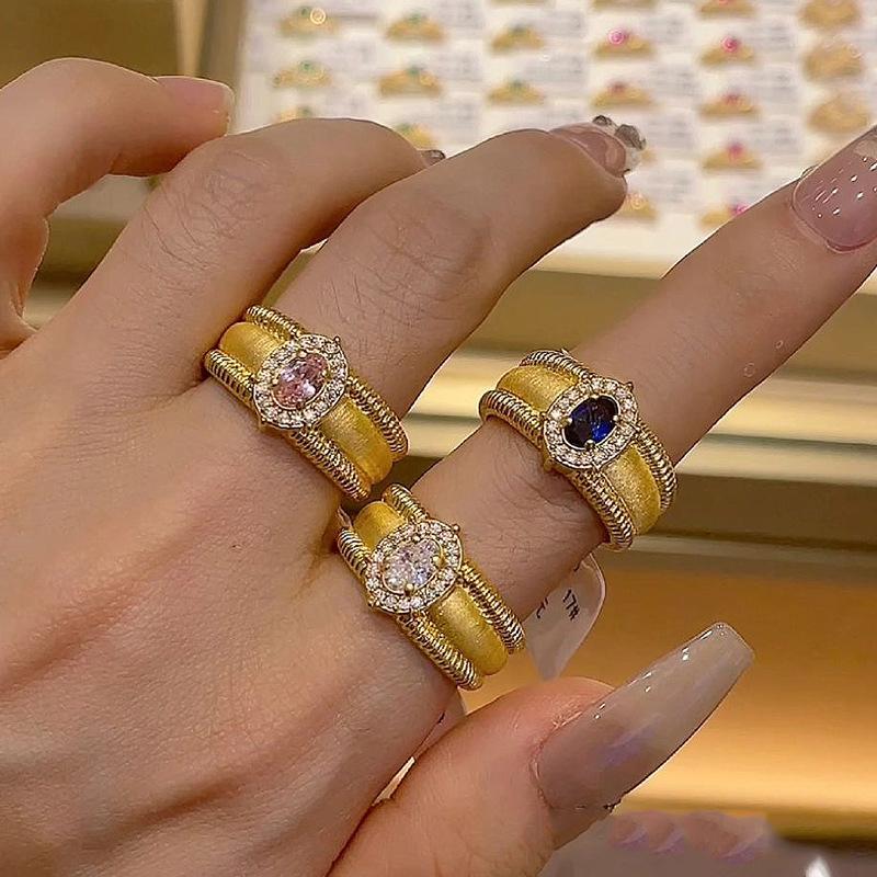 Retro oval brushed sapphire rings for women vintage Court style sparkling inlay diamond Pink wide ring wedding fine