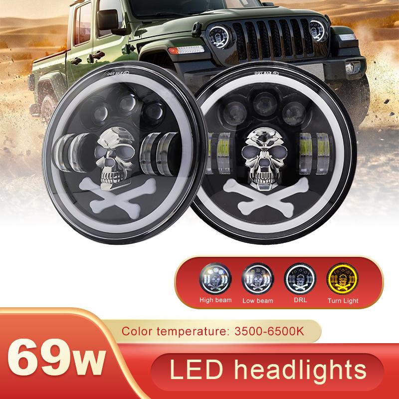 7 Inch Skull RGB LED Headlights Halo Angel Eyes DRL Skull Devil Eye Ghost Round Headlight for Chevrolet C10 Camaro Pickup