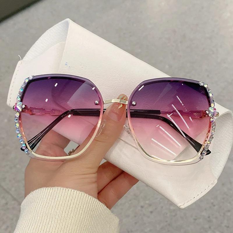 New Rimless Rhinestone Sunglasses Fashion Brand Designer Sunglasses Trendy Retro Cutting Lens Gradient Sun Glasses