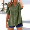 Women Shirt V-neck Short Sleeve Buttons Placket Shirt Tops Solid Color Loose Fit Casual Blouse Daily Wear