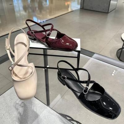 В наличии: Женские туфли Мэри Джейн K-1177 с открытой спиной и перекрестными ремешками - Плоский каблук, Квадратный носок, Сандалии с закрытым носком