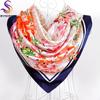 BYSIFA Women Satin Silk Scarf Hijab Brand Blue Pink Red Floral Pattern Square Scarves Wraps Spring Autumn Muslim Head Scarf Cape