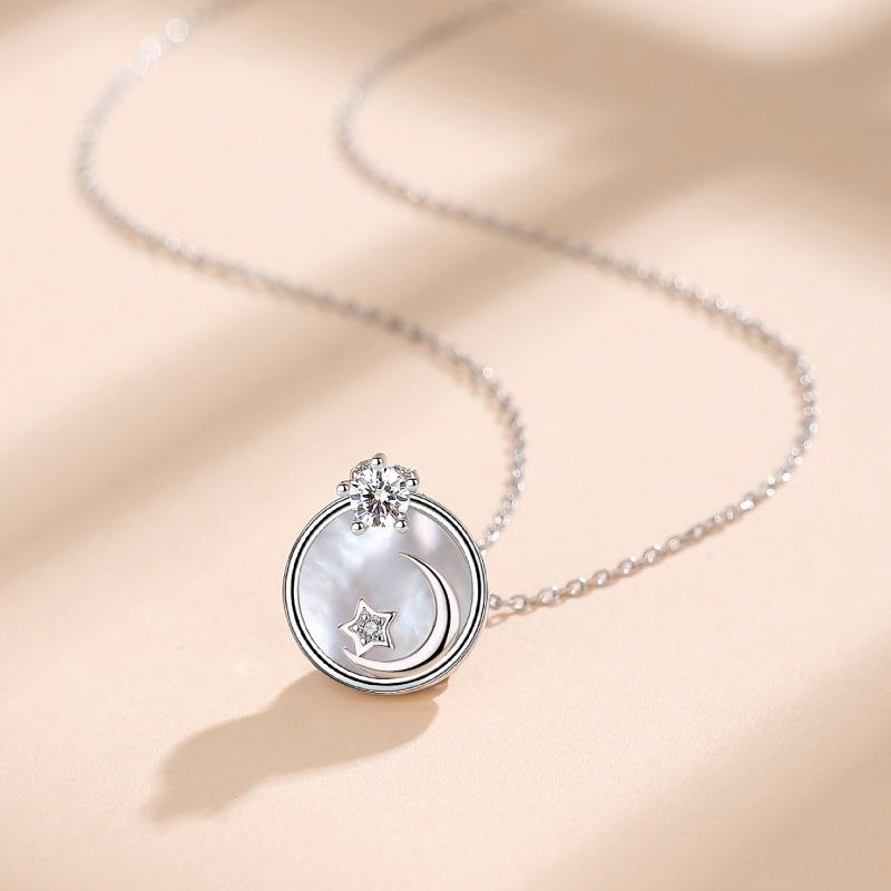New S925 Sterling Silver Necklace Female Fritillary Shell Tide Bright Star and Moon Necklace Clavicle Chain Pendant Jewelry