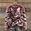 Womens Crew Neck Fleece Sweatshirt With 3D Digital Print Tiger Cat Soft Plush Warm Oversized Hoodie