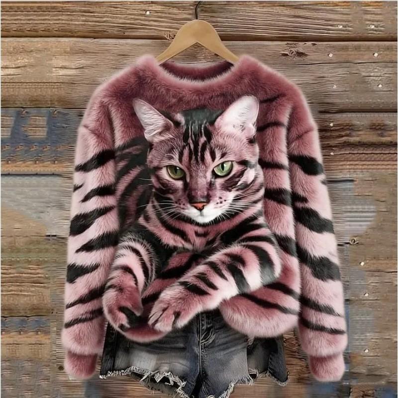 Womens Crew Neck Fleece Sweatshirt With 3D Digital Print Tiger Cat Soft Plush Warm Oversized Hoodie