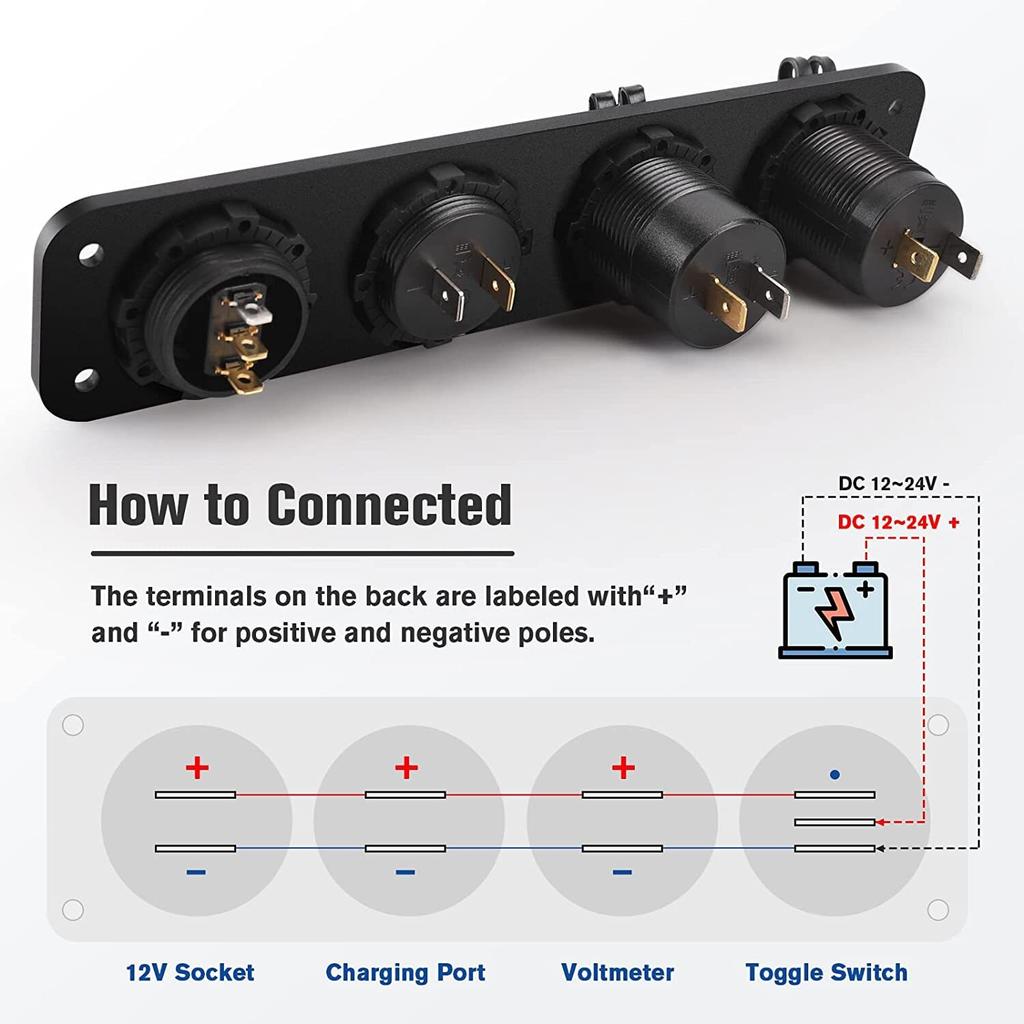 4 In 1 Panel PD QC3.0 USB Car Charger LED Voltmeter Power Socket Power Outlet Toggle Switch for Truck Car Boats RV