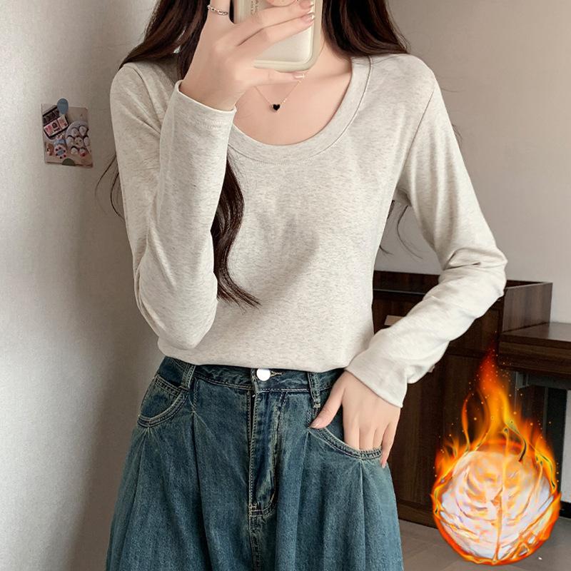 Белая Серая Хлопковая Женская Футболка с Большим U-образным Вырезом и Длинным Рукавом Осенне-Зимнего Дизайна, Открывающая Ключицы, Эластичный Облегающий Базовый Топ